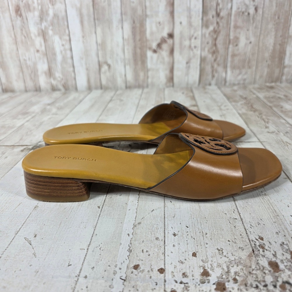 Tory Burch Miller 35mm Tan Leather Block Heel Slide Sandals 7.5M Square Toe